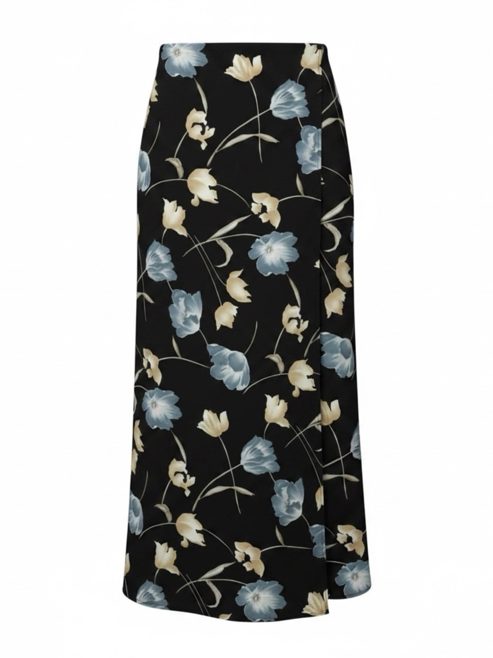 Elegant Black Floral Maxi Skirt with Blue and Cream Blooms Sz L